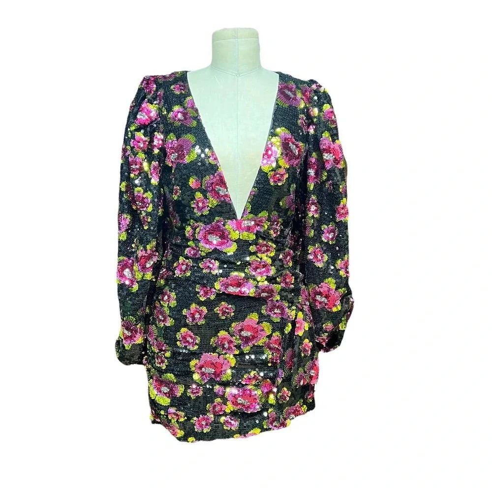 For Love & Lemons‎ Morrison Mini Dahlia Floral Dress Black Sequin Size XS - Picture 2 of 13